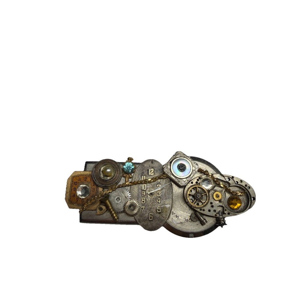 VTG Steampunk Watch Parts & Crystals 3.5" Handmade Artisan Brooch MARCI - Picture 2 of 5